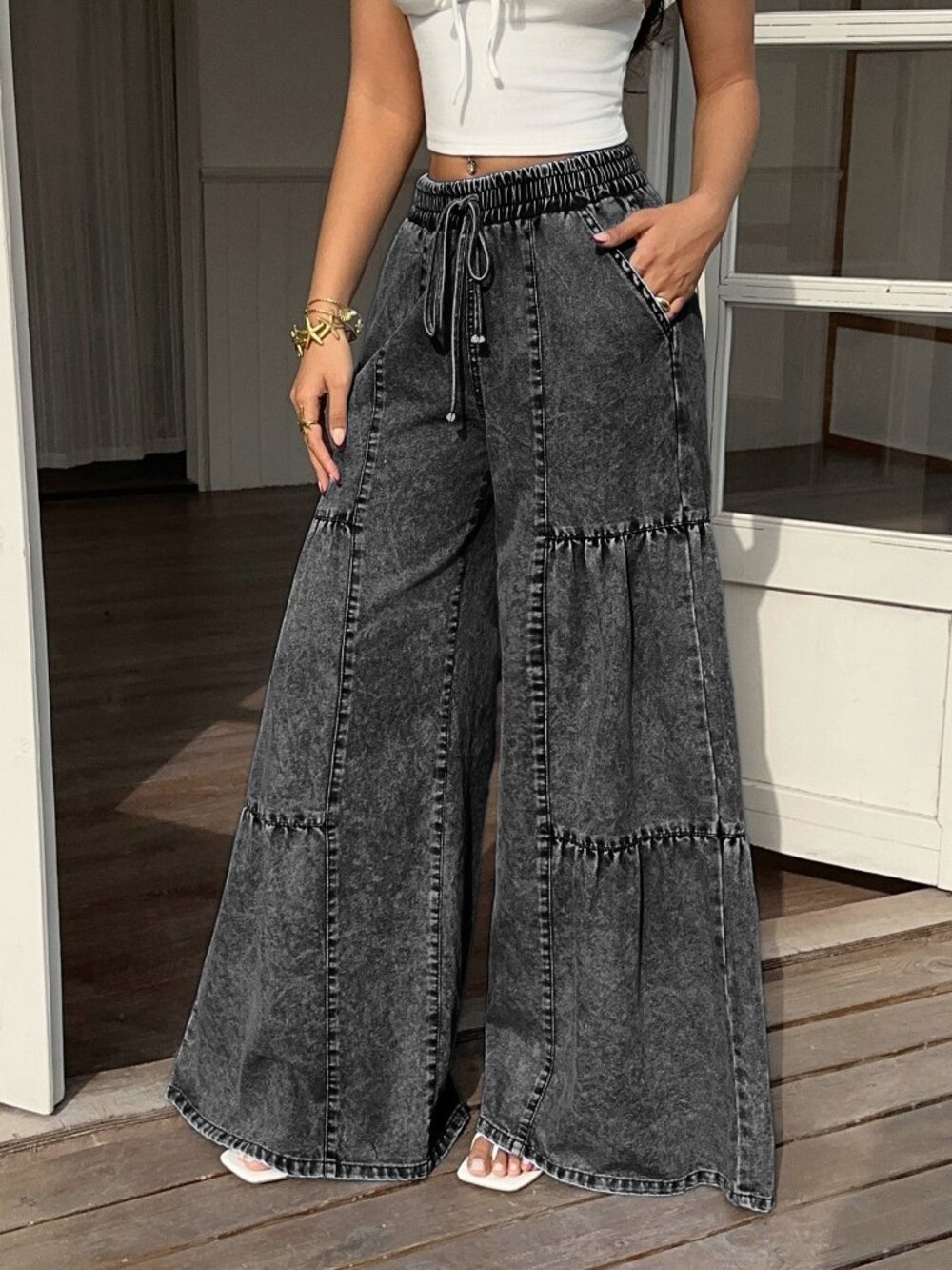 Dark Grey Casual Women's Drawstring Waist Denim Jeans - Picture 6 of 7